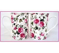 fromeuropewithlove Ivy Rose Mugs Set of 2 Fine Bone China Pink Roses Flowers Mugs Hand Decorated in the UK Free UK Delivery