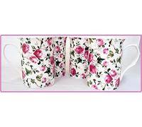 fromeuropewithlove Ivy Rose Mugs Set of 4 Fine Bone China Pink Roses Flowers Mugs Hand Decorated in the UK Free UK Delivery