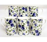 fromeuropewithlove Ivy Rose Mugs Set of Six Fine Bone China Blue Roses Flowers Mugs Hand Decorated in the UK Free UK Delivery