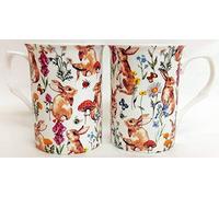 fromeuropewithlove Rabbits Meadow Mugs Set 2 Fine Bone China Rabbits Flowers Mushrooms and Butterflies Mugs Hand Decorated in the U.K.