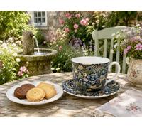 fromeuropewithlove William Morris Strawberry Thief Blue Style Cup & Saucer Bone China Jumbo 400ml Arts Crafts Fantasy Birds Strawberries Breakfast Set Hand Made in England