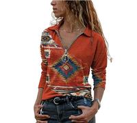 Fronage Aztec Sweatshirt Women Casual Mexico V Neck Half Zip Long Sleeve Pullover Top, Orange, XL
