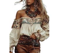 Fronage Boho Tops for Women Embroidered Print Off Shoulder Tops Peasant Puff Long Sleeve Blouses Western Cowgirl Summer Top Apricot