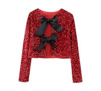 Fronage Cardigans for Women Uk Sequin Top Cropped Bow Tie Front Buttons Long Sleeve Sparkly Ladies Sequin Jackets