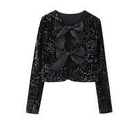 Fronage Cardigans for Women UK Sequin Top Cropped Bow Tie Front Buttons Long Sleeve Sparkly Ladies Sequin Jackets Black