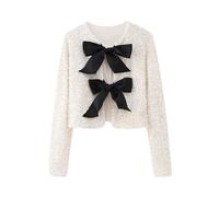 Fronage Cardigans for Women UK Sequin Top Cropped Bow Tie Front Buttons Long Sleeve Sparkly Ladies Sequin Jackets White