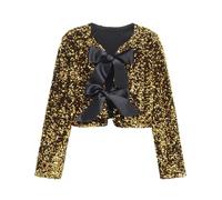 Fronage Cardigans for Women UK Sequin Top Cropped Bow Tie Front Buttons Long Sleeve Sparkly Ladies Sequin Jackets Champagne