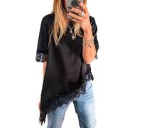 Fronage Chiffon Tunic Tops for Women UK Asymmetrical Hem Short Sleeve Blouses Lace Trim Summer Tops Crewneck Oversized T Shirts Black
