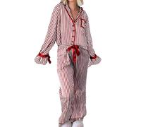 Fronage Christmas Pajamas Set for Women Striped Bow Tie Long Sleeve Shirts Pants Silk Satin Graphic Pjs Sets Red