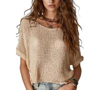 Fronage Crochet Beach Cover up Knit Hollow Out Boho Top Oversized Crew Neck Short Sleeve Tops Summer Sweater Beach Coverup Apricot