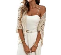Fronage Crochet Summer Cardigans for Women UK Knit Hollow Out Batwing Cover Up Boho 3/4 Sleeve Open Front Shrug Sweater Apricot