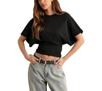 Fronage Dolman Crop Top for Women Ruched Cinched Waist Top Batwing Short Sleeve T Shirts Solid Color Crewneck Summer Tops Black