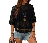 Fronage Floral Mesh Tops for Women Crewneck 3/4 Sleeve Boho Tops See Through Batwing Top Lace Summer T Shirts Black