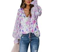 Fronage Floral Print Boho Tops for Women Button Down V Neck Top Tie Neck Lantern Long Sleeve Blouse Chiffon Summer Tops Rose Red