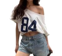 Fronage Off The Shoulder Tops for Women Short Sleeve Y2K Jersey Number Graphic Oversized Tshirts E-Girl Tees White