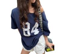 Fronage Off The Shoulder Tops for Women Short Sleeve Y2K Jersey Number Graphic Oversized Tshirts E-Girl Tees Blue