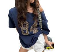 Fronage Off The Shoulder Tops for Women Short Sleeve Y2K Jersey Number Graphic Oversized Tshirts E-Girl Tees Leopard
