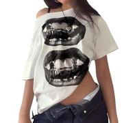 Fronage Off The Shoulder Tops for Women Short Sleeve Y2K Jersey Number Graphic Oversized Tshirts E-Girl Tees