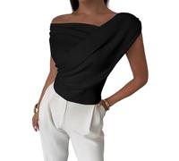 Fronage Off The Shoulder Tops for Women Sleeveless Ruched Y2K Top Slim Fit Asymmetrical Going Out Tops One Shoulder Wrap Top Black