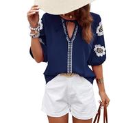 Fronage Peasant Blouses for Women V Neck Embroidered Floral Tops Short Puff Sleeve Tops Cute Solid Tie Front Tops for Teens 2026 Navy Blue