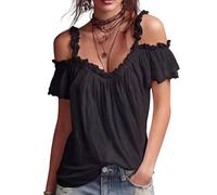 Fronage Ruffle Cold Shoulder Tops for Women UK Summer Dressy Casual Short Sleeve Shirts Linen V Neck Going Out Blouse Black