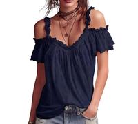 Fronage Ruffle Cold Shoulder Tops for Women UK Summer Dressy Casual Short Sleeve Shirts Linen V Neck Going Out Blouse Navy Blue
