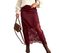 Fronage Satin Skirts for Women High Waist Lace Skirts Y2K Elegant Lace Patchwork Skirt Solid Silk Wrap Maxi Skirts 2026 Wine Red