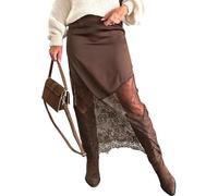 Fronage Satin Skirts for Women High Waist Lace Skirts Y2K Elegant Lace Patchwork Skirt Solid Silk Wrap Maxi Skirts 2026 Brown