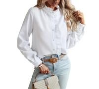 Fronage Women Long Sleeve Shirts Striped Ruffle Button Down Mock Neck Elegant Frill Collar Top Office Work Blouses White