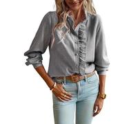 Fronage Women Long Sleeve Shirts Striped Ruffle Button Down Mock Neck Elegant Frill Collar Top Office Work Blouses Grey