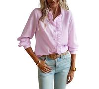 Fronage Women Long Sleeve Shirts Striped Ruffle Button Down Mock Neck Elegant Frill Collar Top Office Work Blouses Pink
