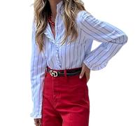 Fronage Women Long Sleeve Shirts Striped Ruffle Button Down Mock Neck Frill Collar Top Elegant Office Work Blouses Blue