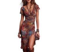 Fronage Women Sexy Midi Dress V Neck Ruffle Sleeve Tie Dye Dresses Boho Ruched Bodycon Dress Western Asymmetrical Hem Dresses Brown
