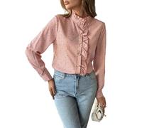 Fronage Women Striped Long Sleeve Shirts Ruffle Button Down Mock Neck Elegant Frill Collar Top Office Work Blouses Red