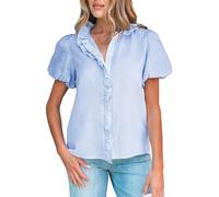 Fronage Women Striped Shirts Ruffle Button Down Mock Neck Puff Sleeve Elegant Frill Collar Top Office Work Blouses