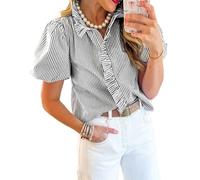Fronage Women Striped Shirts Ruffle Button Down Mock Neck Puff Sleeve Elegant Frill Collar Top Office Work Blouses Black