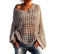 Fronage Women Summer Crochet Coverups Long Sleeve Off The Shoulder V Neck Pullover Fish Sweater Knit Beach Cover Up Khaki