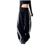 Fronage Women Wide Leg Track Pants Y2k Striped Bow Drawstring Low Rise Sweatpants Side Joggers Baggy Palazzo Pants Black