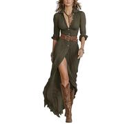 Fronage Womens Button Down Maxi Dress Long Sleeve Asymmetrical Ruched Flowy Dresses Country Concert Western Cowgirl Dress Army Green