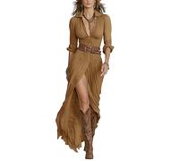 Fronage Womens Button Down Maxi Dress Long Sleeve Asymmetrical Ruched Flowy Dresses Country Concert Western Cowgirl Dress Khaki