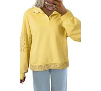 Fronage Women's Eyelet Embroidered Flower Patchwork Sweatshirt Snap Buttons Long Sleeve Casual Loose Pullover Sweatshirts Yellow