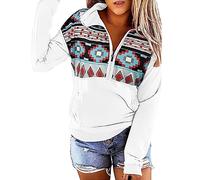 Fronage Women's Half Zip Sweatshirt Western Aztec Sweater, Casual Long Sleeve Mexico Ethnic Graphic Pullover Tops, 1-white, XXL