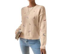 Fronage Women's Jumpers Floral Embroidered Autumn Sweaters Women Winter Crew Neck Knitted Long Sleeve Warm Knitwear Apricot