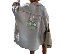 Fronage Womens Linen Shirt Long Sleeve Button Down Oversized Sequin Evil Eye Shirt Dress Summer Linen Beach Coverups Apricot
