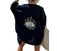 Fronage Womens Linen Shirt Long Sleeve Button Down Oversized Sequin Evil Eye Shirt Dress Summer Linen Beach Coverups Black
