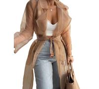 Fronage Womens Long Trench Coat Uk Sheer Mesh Long Sleeve Double Buttoned Coat Solid Transparent Jacket Coat with Belt