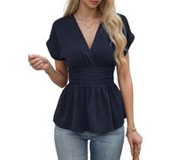 Fronage Women's Peplum Tops Dressy Wrap V Neck Cap Sleeve Ruched Ruffle Hem Shirts Summer Flowy Casual Business Work Blouse Navy Blue