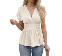 Fronage Women's Peplum Tops Dressy Wrap V Neck Cap Sleeve Ruched Ruffle Hem Shirts Summer Flowy Casual Business Work Blouse Apricot