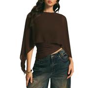 Fronage Women's Ruched Cape One Shoulder Top Short Sleeve Asymmetrical Neck Fitted Crop Top Summer Solid Chiffon Cape Brown