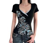 Fronage Y2K Floral Print Grunge Clothes Gothic V Neck Slim Fit Crop Tops Emo 2000s Short Sleeve T Shirt Whimsy Clothes Blue